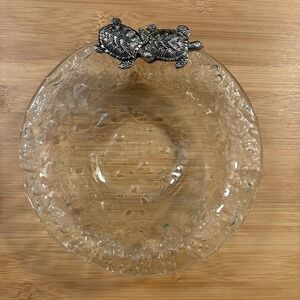 Mud Pie Bubble/Crackle Art Glass Bowl With 2 Pewter Turtles Accent Coastal Decor